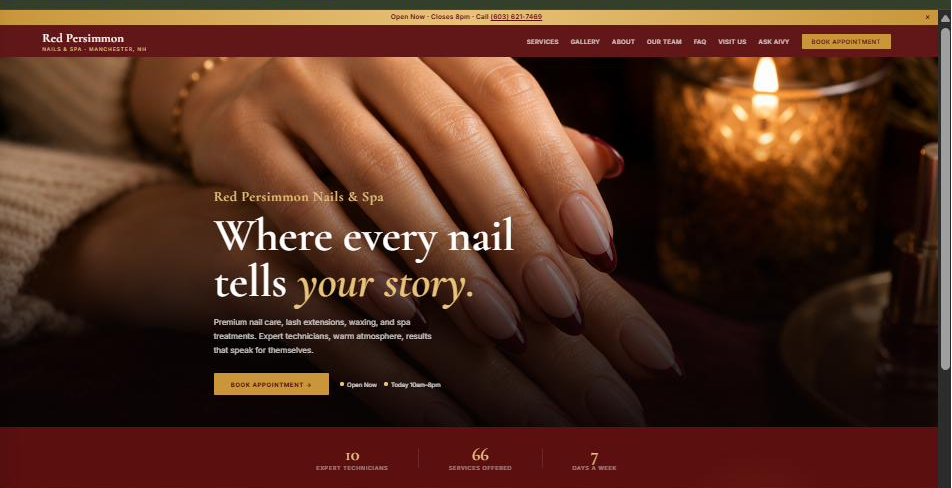 Red Persimmon Nails & Spa website homepage, built and hosted by Velour Desk